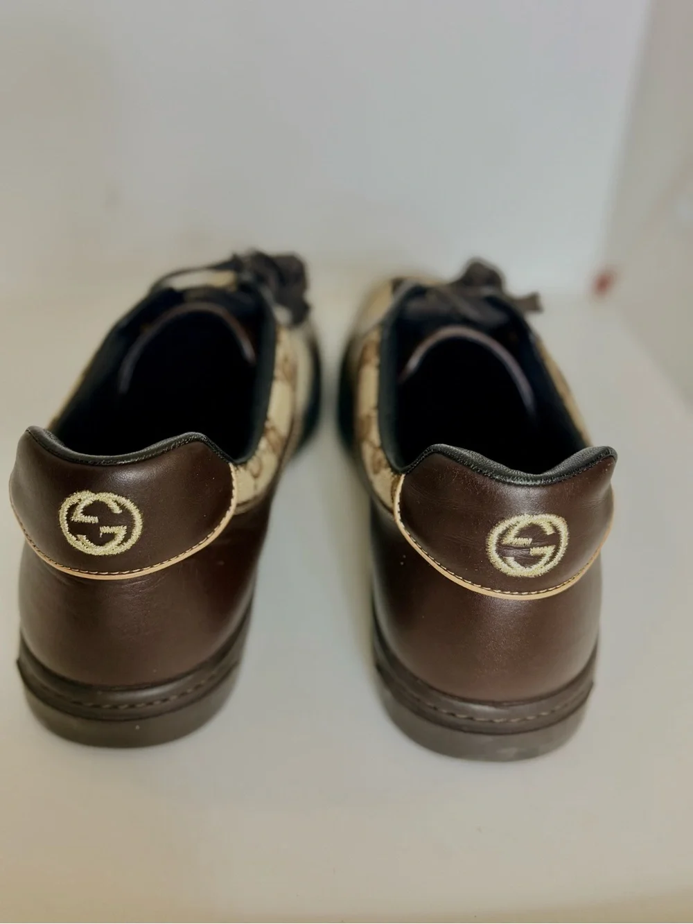 Gucci Brown GG Canvas & Dark Brown Leather Sneakers with Green-Red Web Size 8